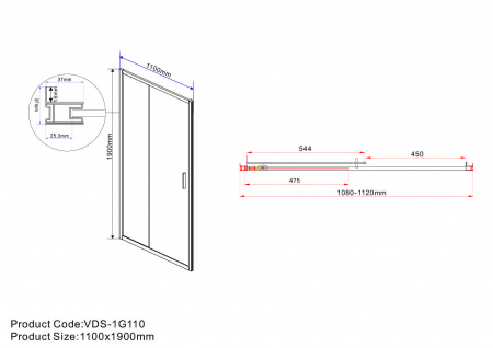 Vincea Душевая дверь Гарда (Garda) VDS-1G110CLB, 1100, черный, стекло прозрачное