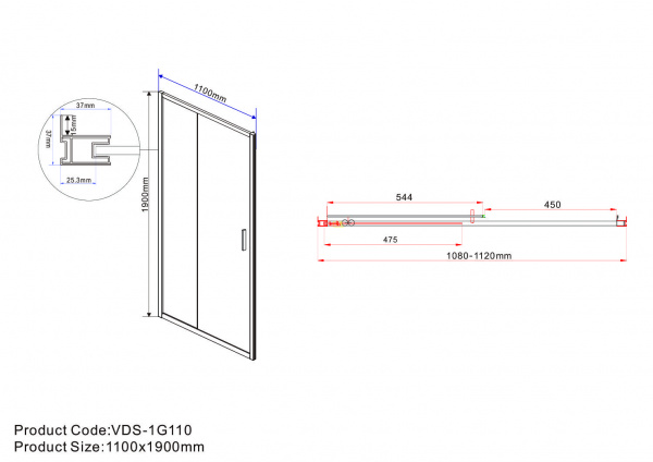 Vincea Душевая дверь Гарда (Garda) VDS-1G110CLGM, 1100, вороненая сталь, стекло прозрачное